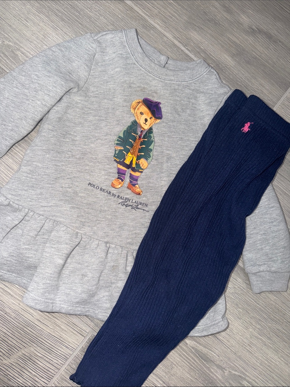 Ralph Lauren Gray Polo Bear Peplum Top with Navy Leggings